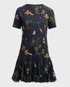 Oscar De La Renta Short Sleeve Cady Chiffon Inset Dress In Navy Multi In Navy Multi