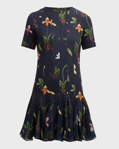Oscar De La Renta Orchids Cady Chiffon-inset Mini Dress In Navy Multi