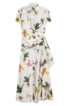 Oscar De La Renta Cap Sleeve  Orchids Poplin Dress With Sash Detail In White Multi
