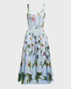 Oscar De La Renta Orchids Cotton Poplin Belted Midi Tank Dress In Light Blue Multi