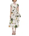 Oscar De La Renta Cap Sleeve  Orchids Poplin Dress With Sash Detail In White Multi
