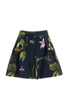 Oscar De La Renta Orchids Poplin Wide Leg Shorts In Navy