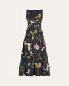Oscar De La Renta Strapless English Roses Faille Tea-length Dress In Navy Multi