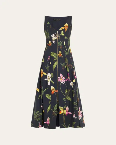 OSCAR DE LA RENTA ORCHIDS POPLIN ZIP FRONT DRESS