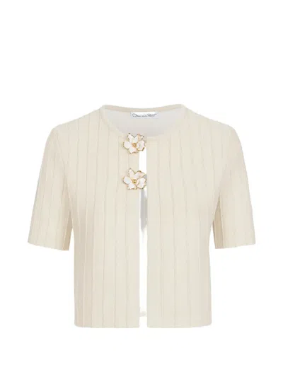 Oscar De La Renta Ottoman Floral-embellished Short-sleeved Cropped Cardigan In Neutral