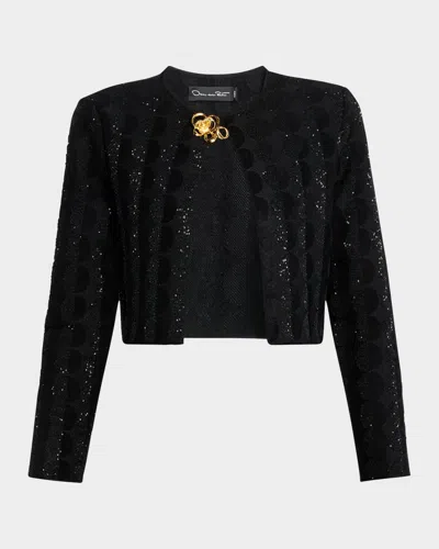 Oscar De La Renta Paillette Circle Jacquard Crop Cardigan In Black