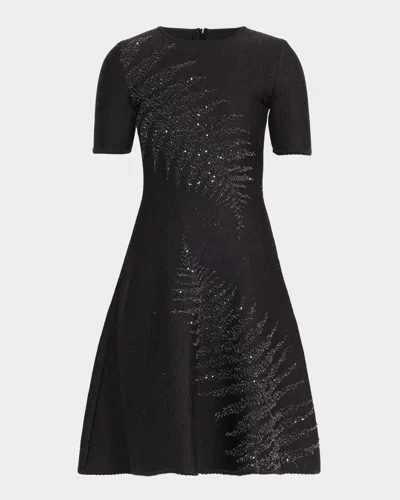 Oscar De La Renta Paillette Fern Short-sleeve Knit Mini Dress In Gray