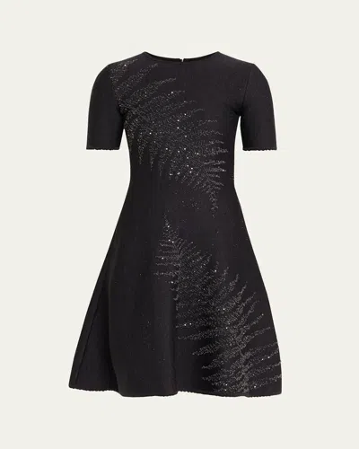 Oscar De La Renta Paillette Fern Short-sleeve Knit Mini Dress In Gray