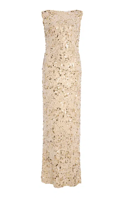Oscar De La Renta Paillette-embellished Velvet Chiffon Gown In Gold