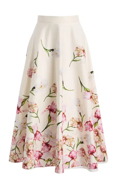 Oscar De La Renta Painted Iris Poplin A-line Midi Skirt In White