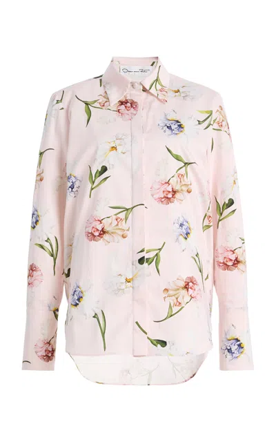 Oscar De La Renta Painted Iris Poplin Blouse In Pink