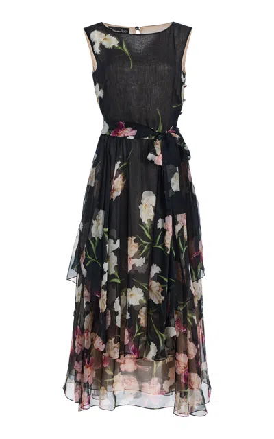 Oscar De La Renta Painted Iris Silk-chiffon Midi Dress In Black