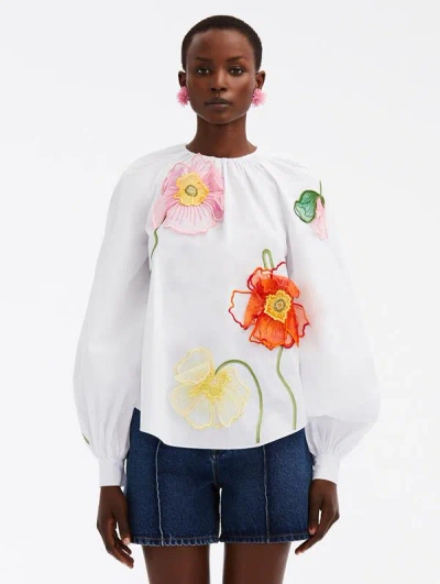 Oscar De La Renta Flower-detail Round-neck Blouse In White