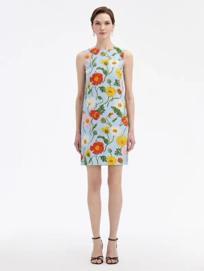 Oscar De La Renta Painted Poppies Cotton Poplin Shift Dress In Light Blue Mult