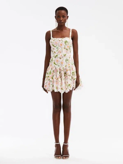 Oscar De La Renta Painted Poppies Guipure-lace Minidress In Neutrals
