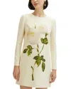 Oscar De La Renta Painted Rose Long Sleeve Wool Blend Shift Dress In White/ivory