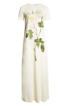 Oscar De La Renta Painted White Roses Jersey Short-sleeve Maxi Dress In White/ivory