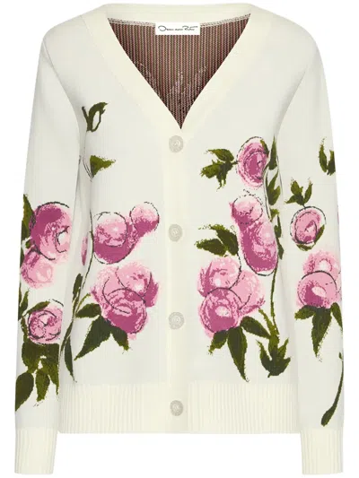 Oscar De La Renta Painted Roses Cardigan In White