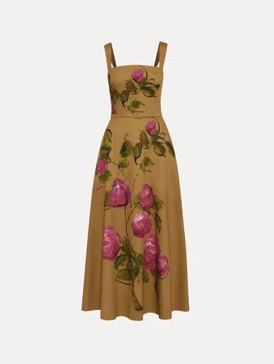 Oscar De La Renta Painted Roses Cotton Twill Dress