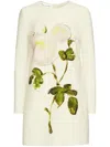 Oscar De La Renta Painted Rose Long Sleeve Wool Blend Shift Dress In Nude