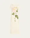 Oscar De La Renta Painted White Roses Jersey Short-sleeve Maxi Dress In White/ivory