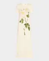 Oscar De La Renta Painted White Roses Jersey Short-sleeve Maxi Dress In Whiteivory