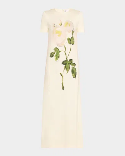 OSCAR DE LA RENTA PAINTED WHITE ROSES JERSEY SHORT-SLEEVE MAXI DRESS