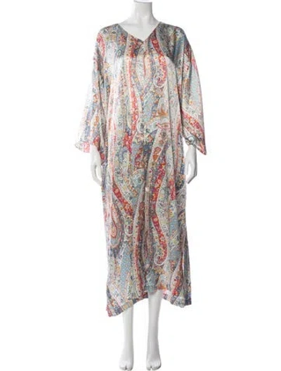 Pre-owned Oscar De La Renta Paisley Print Embroidered Accent Robe In Blue