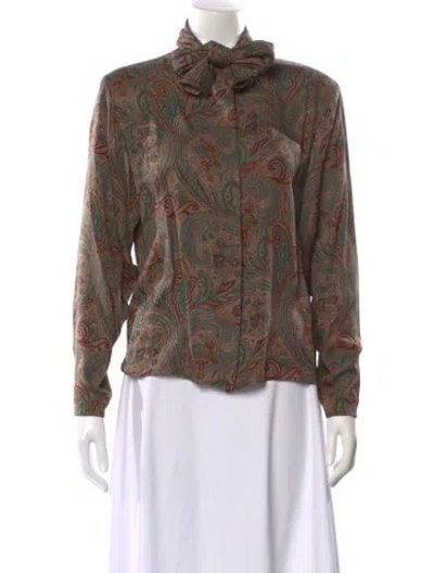 Pre-owned Oscar De La Renta Paisley Print Tie Neck Blouse In Green