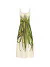 Oscar De La Renta Palm Leaves Print Cotton Stretch Poplin Midi Dress In White