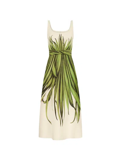 Oscar De La Renta Palm Leaves Print Cotton Stretch Poplin Midi Dress In White