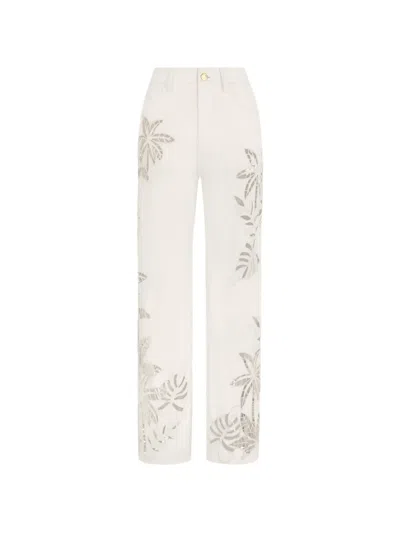 Oscar De La Renta Palm Leaves Cutout Denim Pant In White
