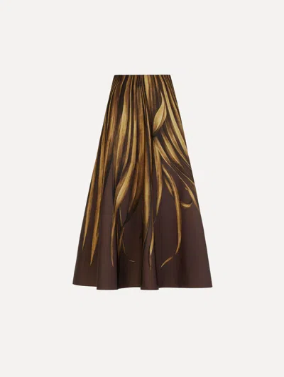 Oscar De La Renta Palm Leaves Faille Skirt In Brown