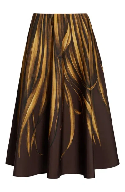 Oscar De La Renta Palm Leaves Print Faille Circle Skirt In Brown