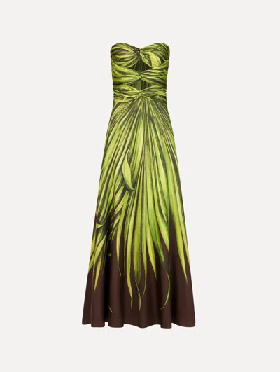 Oscar De La Renta Palm Leaves Print Strapless Cutout Silk Gown In Multi