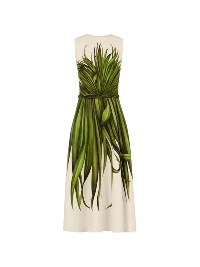 Oscar De La Renta Belted Palm Leaf-print Midi Dress In Multi