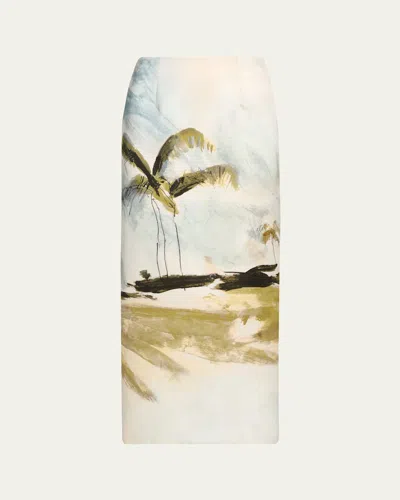 Oscar De La Renta Palm Tree Printed Satin Pencil Skirt In Neutral