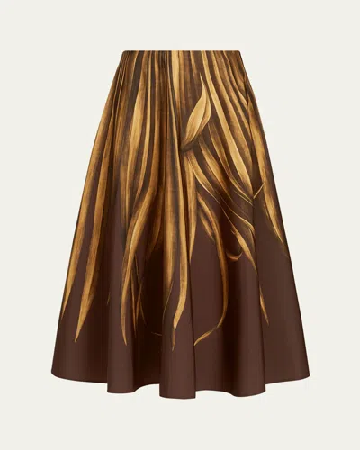 Oscar De La Renta Palm-print Faille Midi Skirt In Green