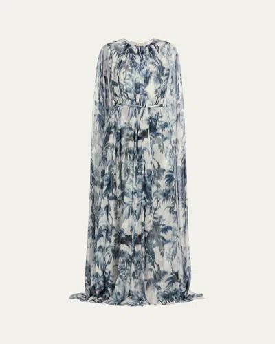 Oscar De La Renta Palm-print Silk Cape-sleeve Gown In Multi