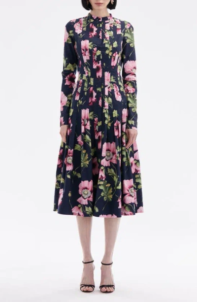 Oscar De La Renta Poppies-print Long-sleeve Pleated Poplin Midi Shirtdress In Navy Pink