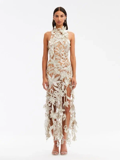 Oscar De La Renta Floral Bead-embellished Halterneck Gown In Platine
