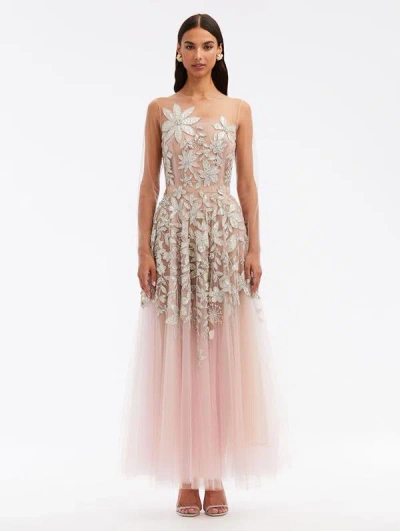 Oscar De La Renta Papercut Flower Sequin Embroidered Gown In Pink/silver