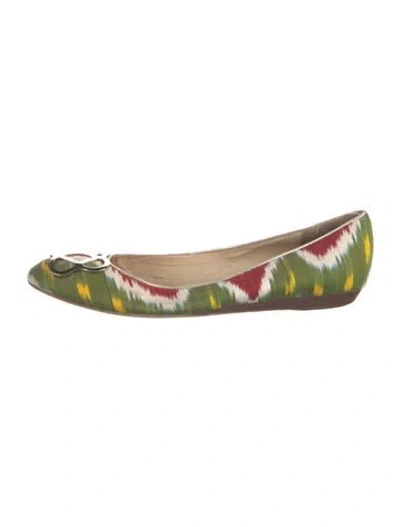 Pre-owned Oscar De La Renta Patterned Embroidered Accent Ballet Flats In Green