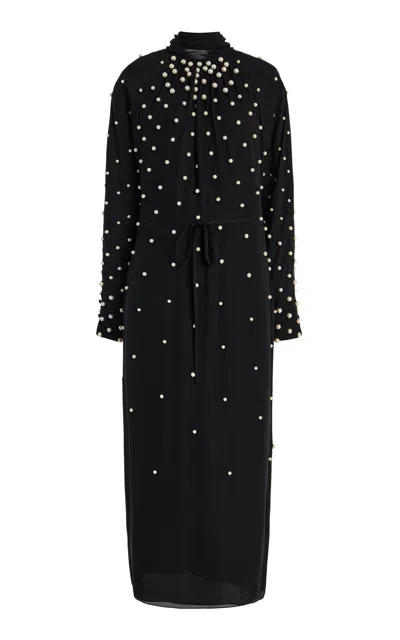 Oscar De La Renta Pearl-embellished Silk-georgette Midi Dress In Black