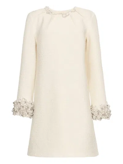 Oscar De La Renta Pearl Embroidered Tweed Shift Dress In Neutral