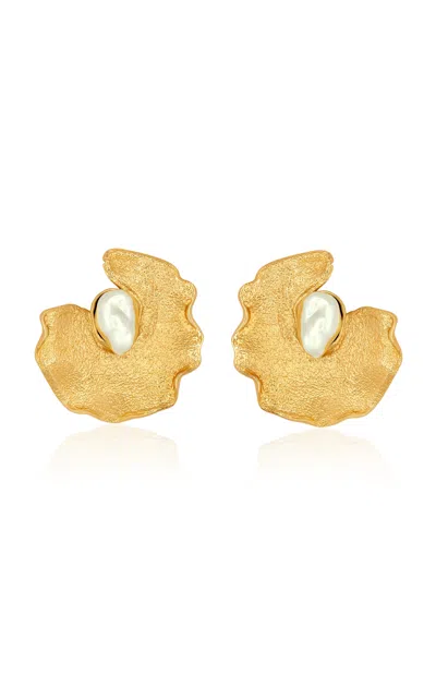 Oscar De La Renta Pearl Liilypad Clip-on Hoop Earrings In Gold