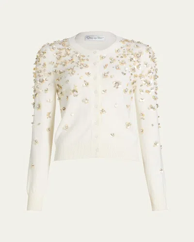 Oscar De La Renta Pearly Embroidered Wool Crewneck Cardigan In White