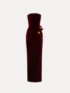Oscar De La Renta Strapless Flower Embroidered Velvet Gown In Red