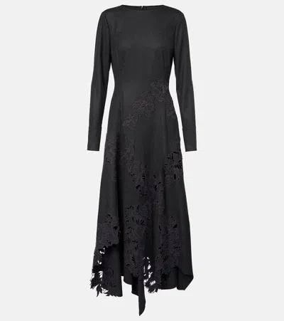 Oscar De La Renta Peony Asymmetric Wool Midi Dress In Charcoal