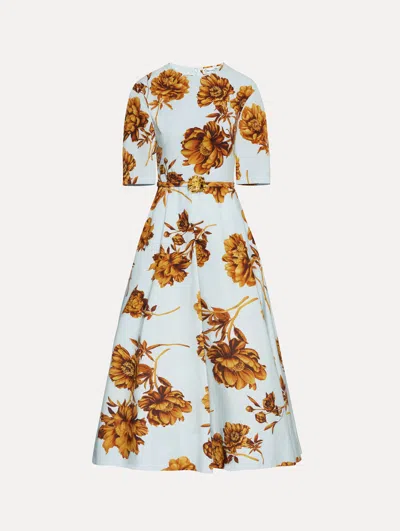Oscar De La Renta Tonal Peony Print Stretch Poplin Belted Dress In Blue